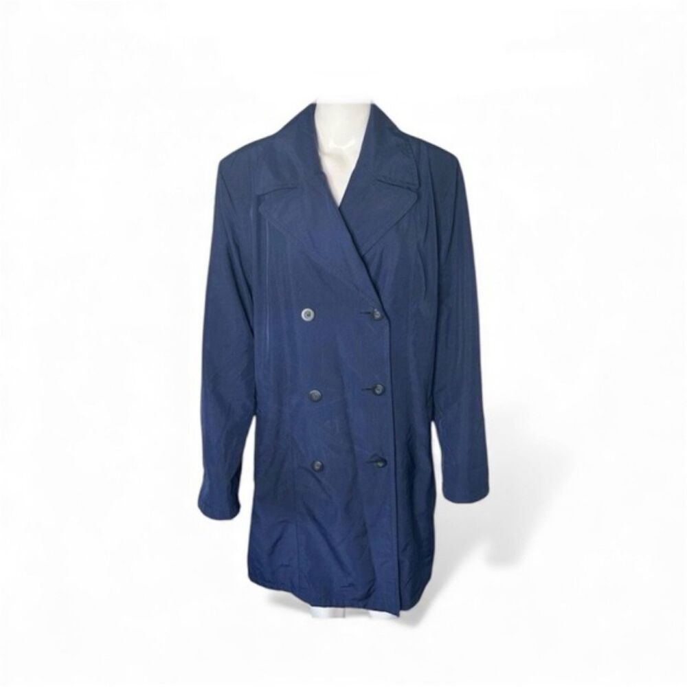 Jones New York Double Breasted Trench Large Navy 90s Stock Broker Corporate Coat